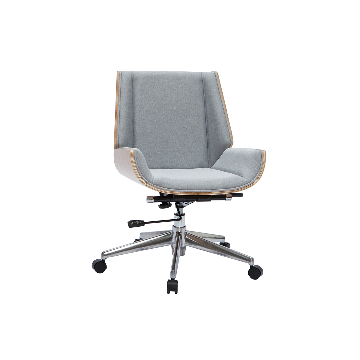 Chaise de bureau à roulettes design en tissu gris clair, bois clair et acier chromé CURVED vue1