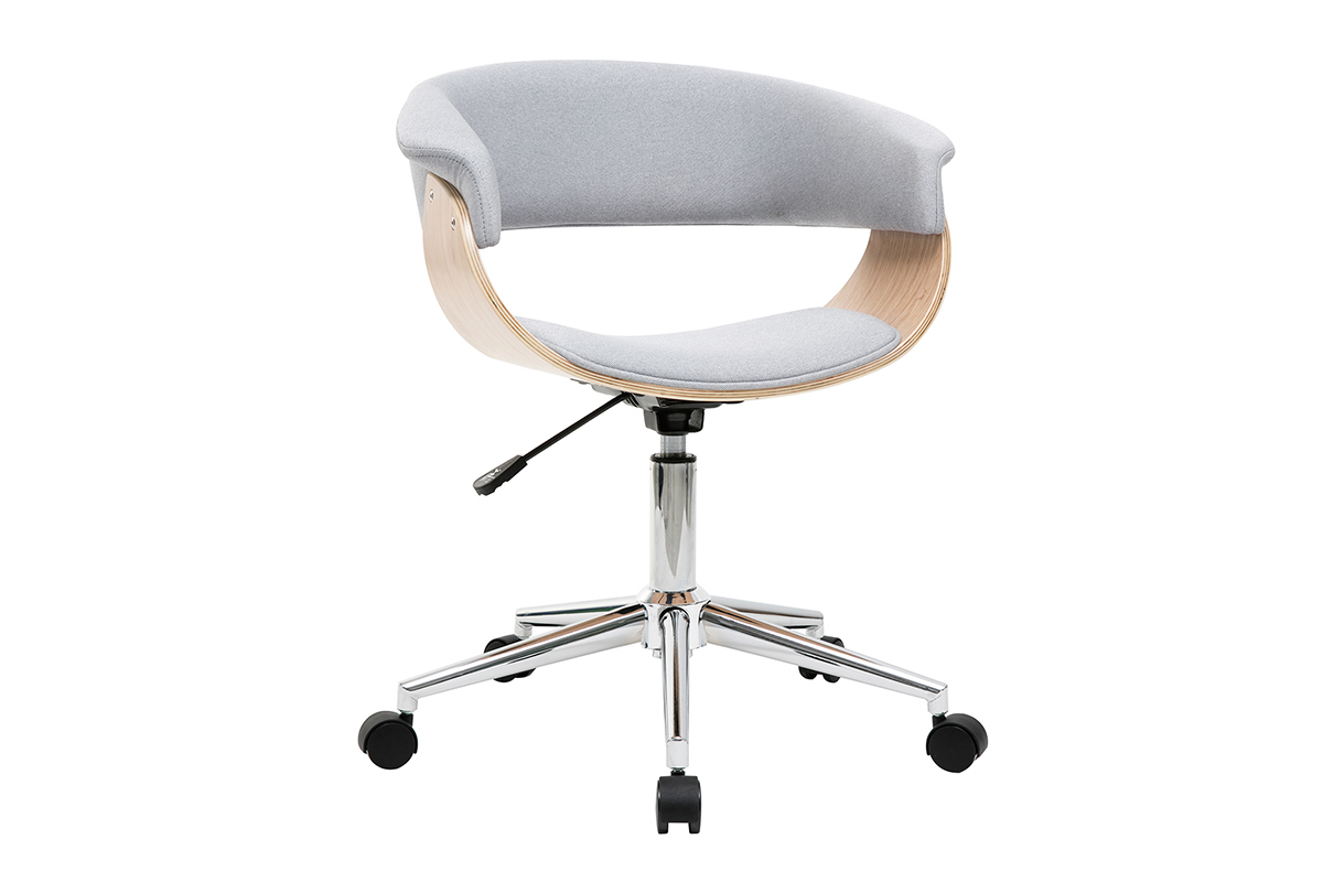 Chaise de bureau  roulettes design en tissu gris clair, bois clair et acier chrom OKTAV