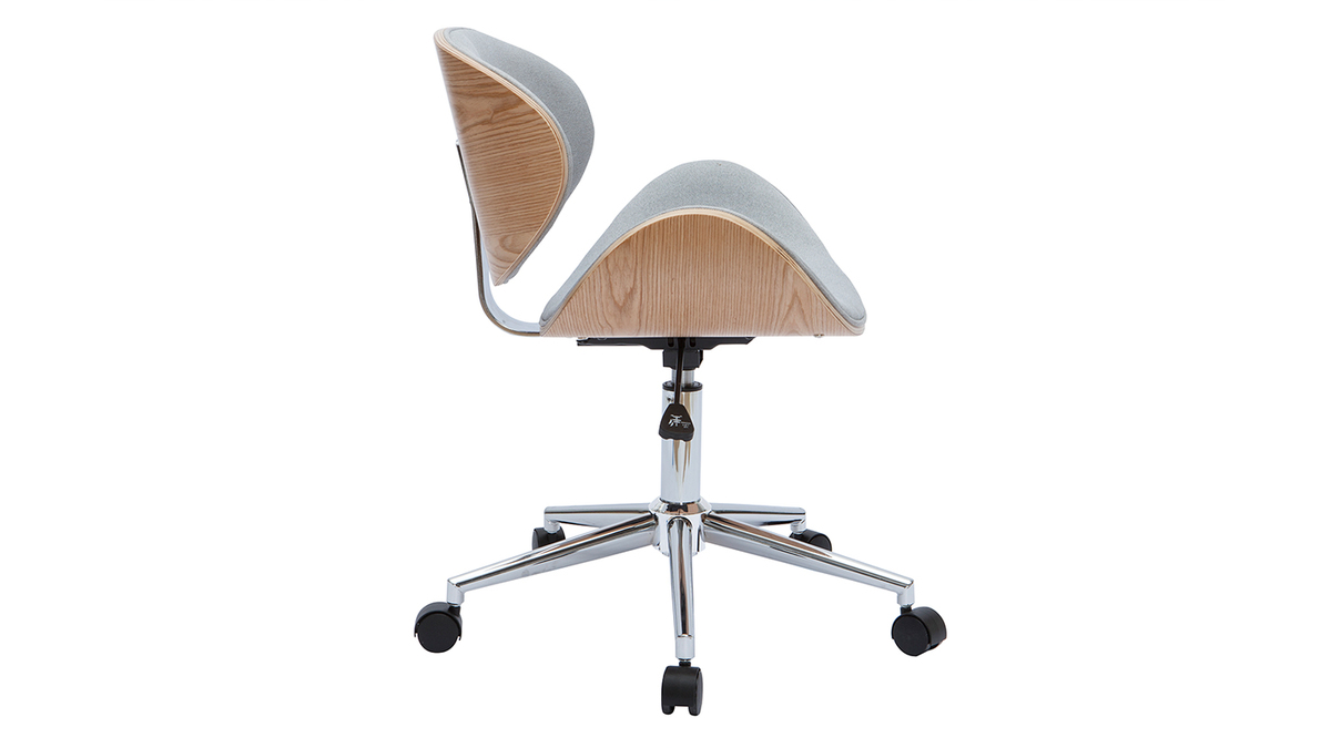 Chaise de bureau à roulettes design en tissu gris clair, bois clair et acier chromé WALNUT