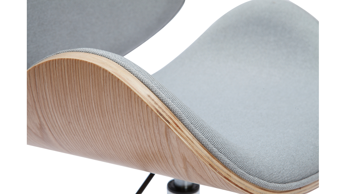 Chaise de bureau à roulettes design en tissu gris clair, bois clair et acier chromé WALNUT