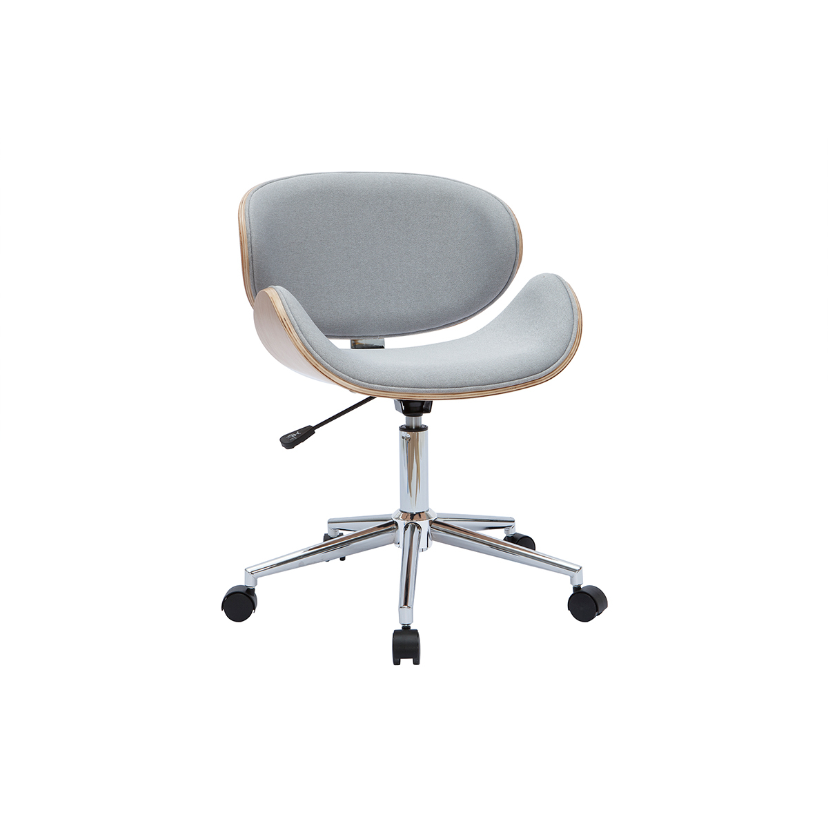 Chaise de bureau à roulettes design en tissu gris clair, bois clair et acier chromé WALNUT vue1