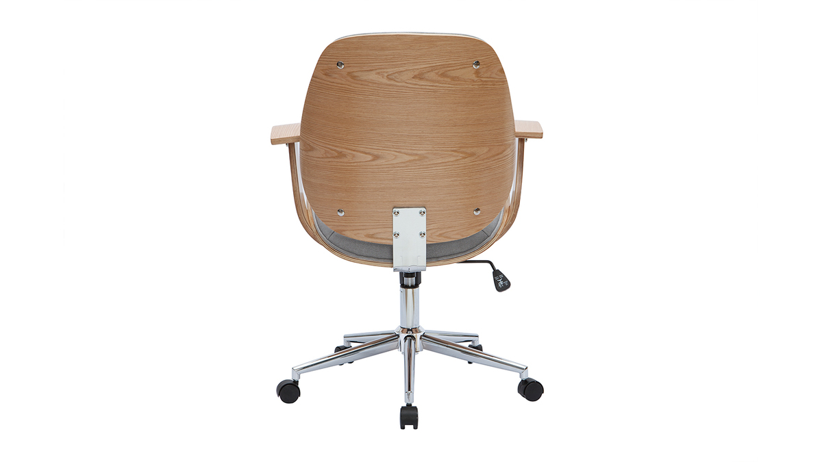 Chaise de bureau à roulettes design en tissu gris clair, bois clair et acier chromé YORKE