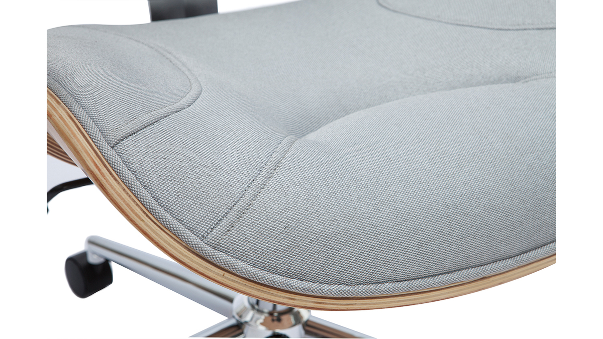 Chaise de bureau à roulettes design en tissu gris clair, bois clair et acier chromé YORKE