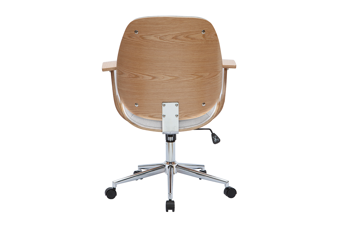 Chaise de bureau  roulettes design en tissu gris clair, bois clair et acier chrom YORKE