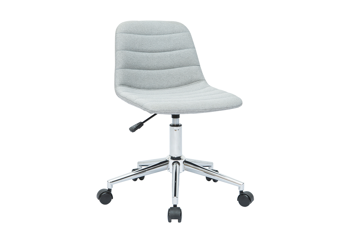 Chaise de bureau � roulettes design en tissu gris clair et acier chrom� SAURY