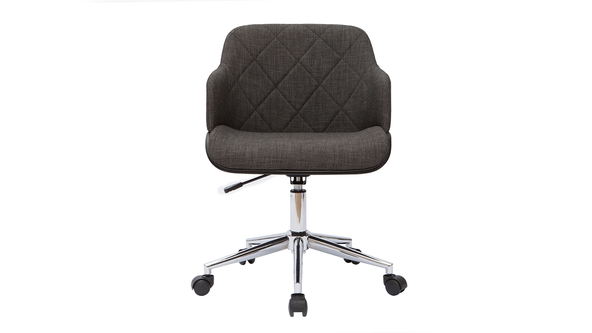 Chaise de bureau à roulettes design en tissu gris foncé, bois noir et acier chromé SANDRO