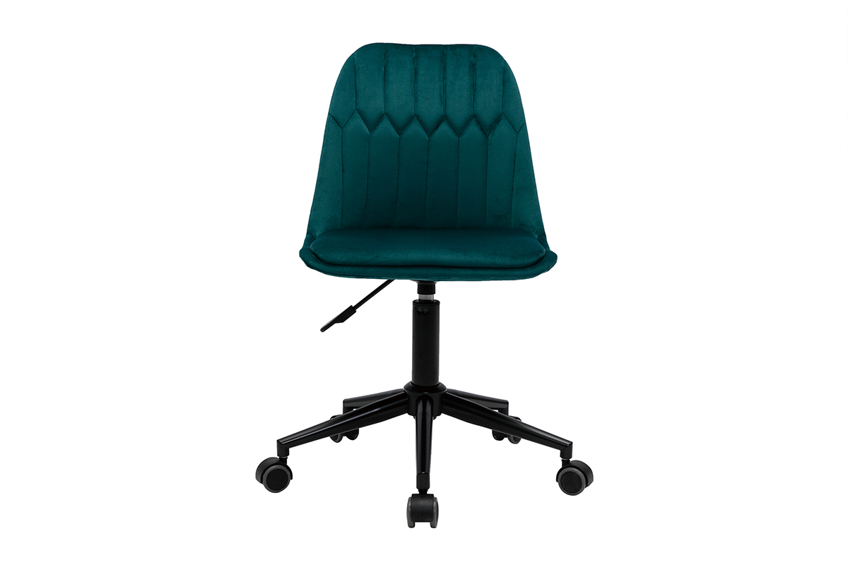 Chaise de bureau � roulettes design en tissu velours bleu p�trole et m�tal noir FUSE