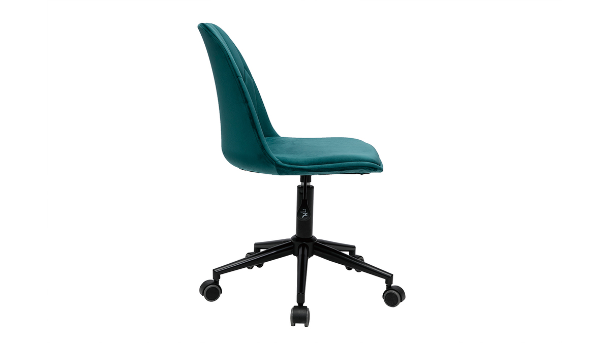 Chaise de bureau à roulettes design en tissu velours bleu pétrole et métal noir FUSE