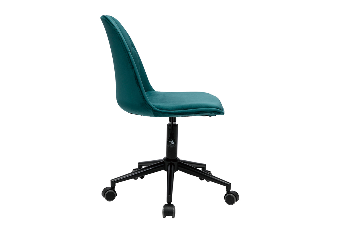 Chaise de bureau � roulettes design en tissu velours bleu p�trole et m�tal noir FUSE