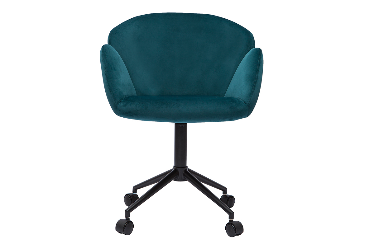 Chaise de bureau � roulettes design en tissu velours gaufr� bleu canard et m�tal noir RHAPSODY