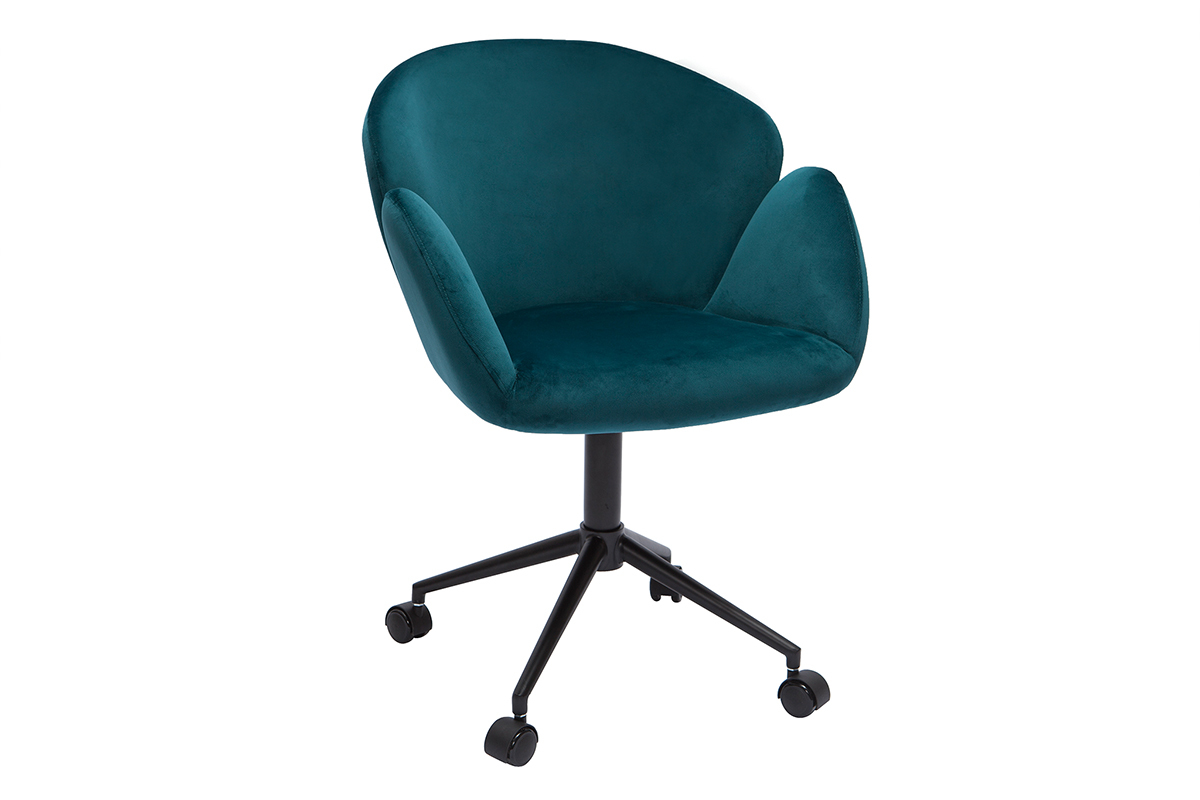 Chaise de bureau � roulettes design en tissu velours gaufr� bleu canard et m�tal noir RHAPSODY
