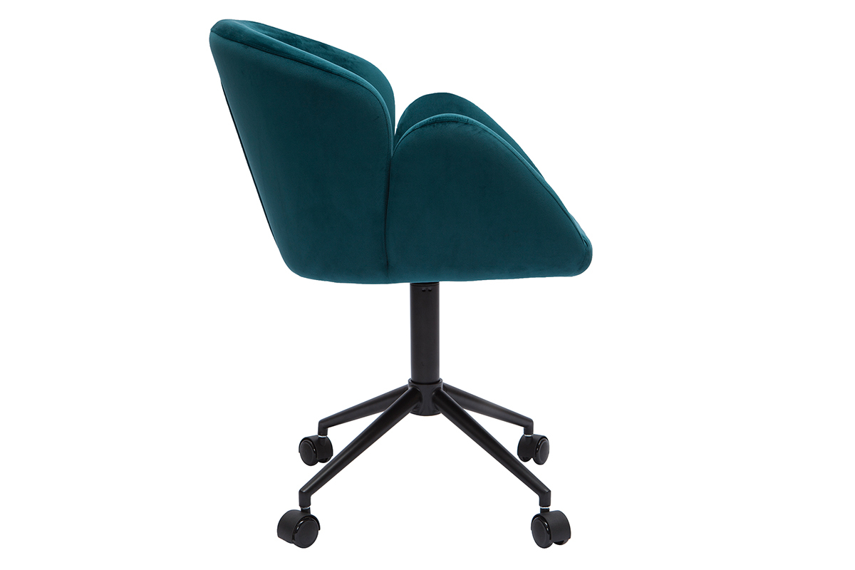 Chaise de bureau � roulettes design en tissu velours gaufr� bleu canard et m�tal noir RHAPSODY