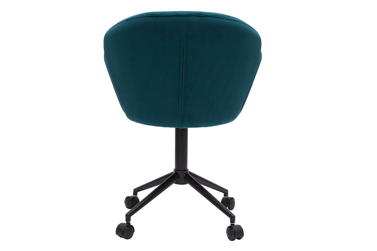 Chaise de bureau � roulettes design en tissu velours gaufr� bleu canard et m�tal noir RHAPSODY