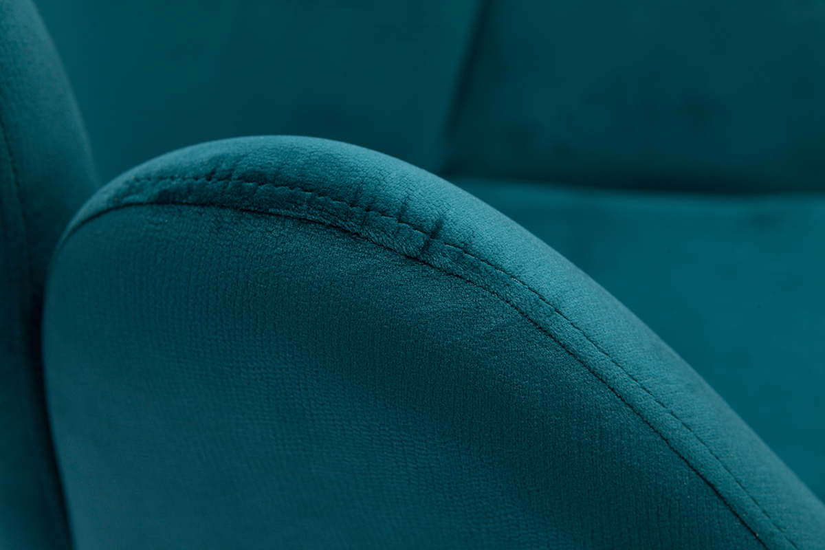 Chaise de bureau � roulettes design en tissu velours gaufr� bleu canard et m�tal noir RHAPSODY