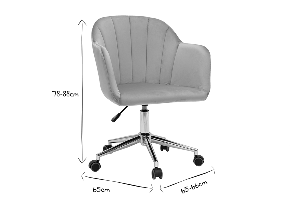 Chaise de bureau � roulettes design en tissu velours taupe et acier chrom� MILLY