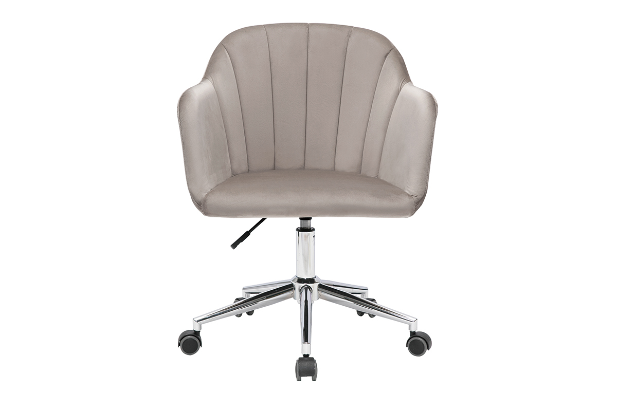 Chaise de bureau � roulettes design en tissu velours taupe et acier chrom� MILLY
