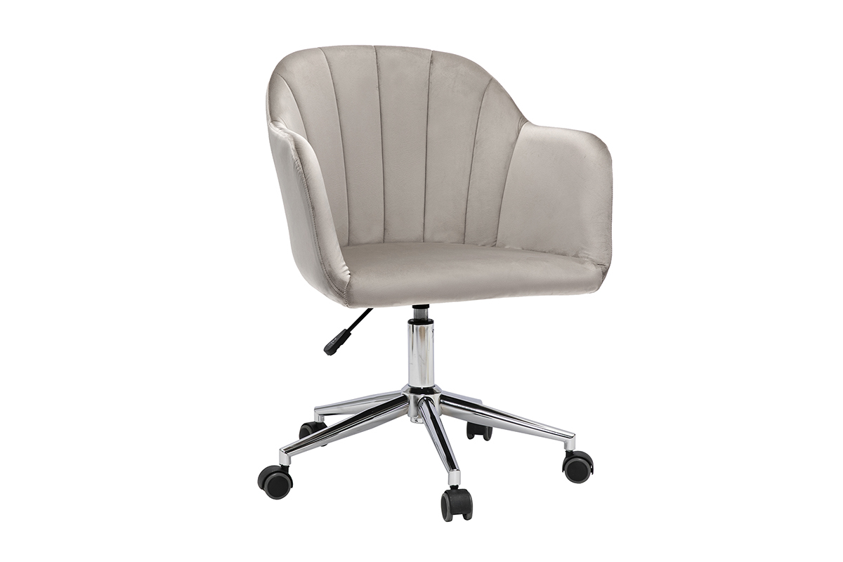 Chaise de bureau � roulettes design en tissu velours taupe et acier chrom� MILLY
