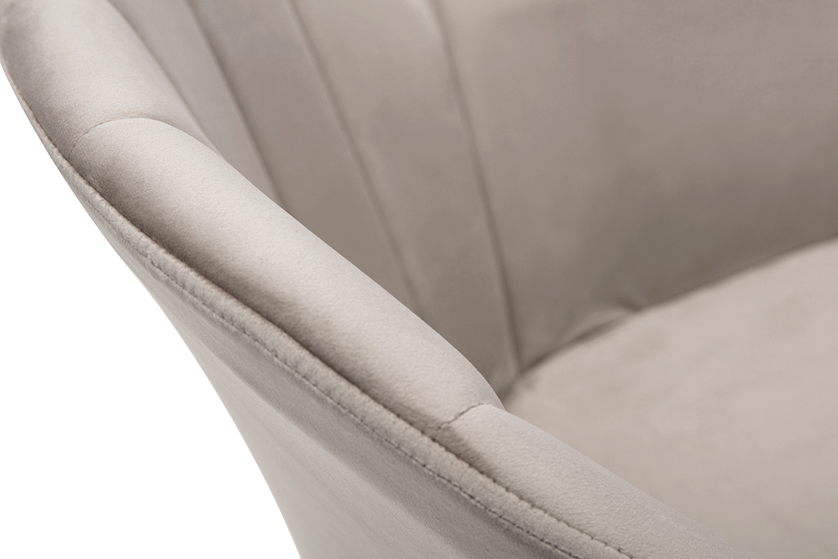 Chaise de bureau � roulettes design en tissu velours taupe et acier chrom� MILLY