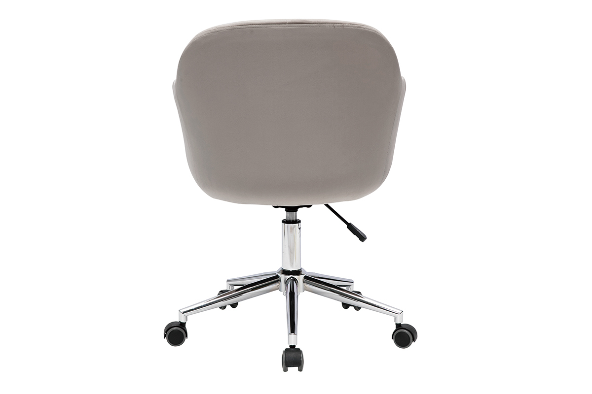 Chaise de bureau � roulettes design en tissu velours taupe et acier chrom� MILLY