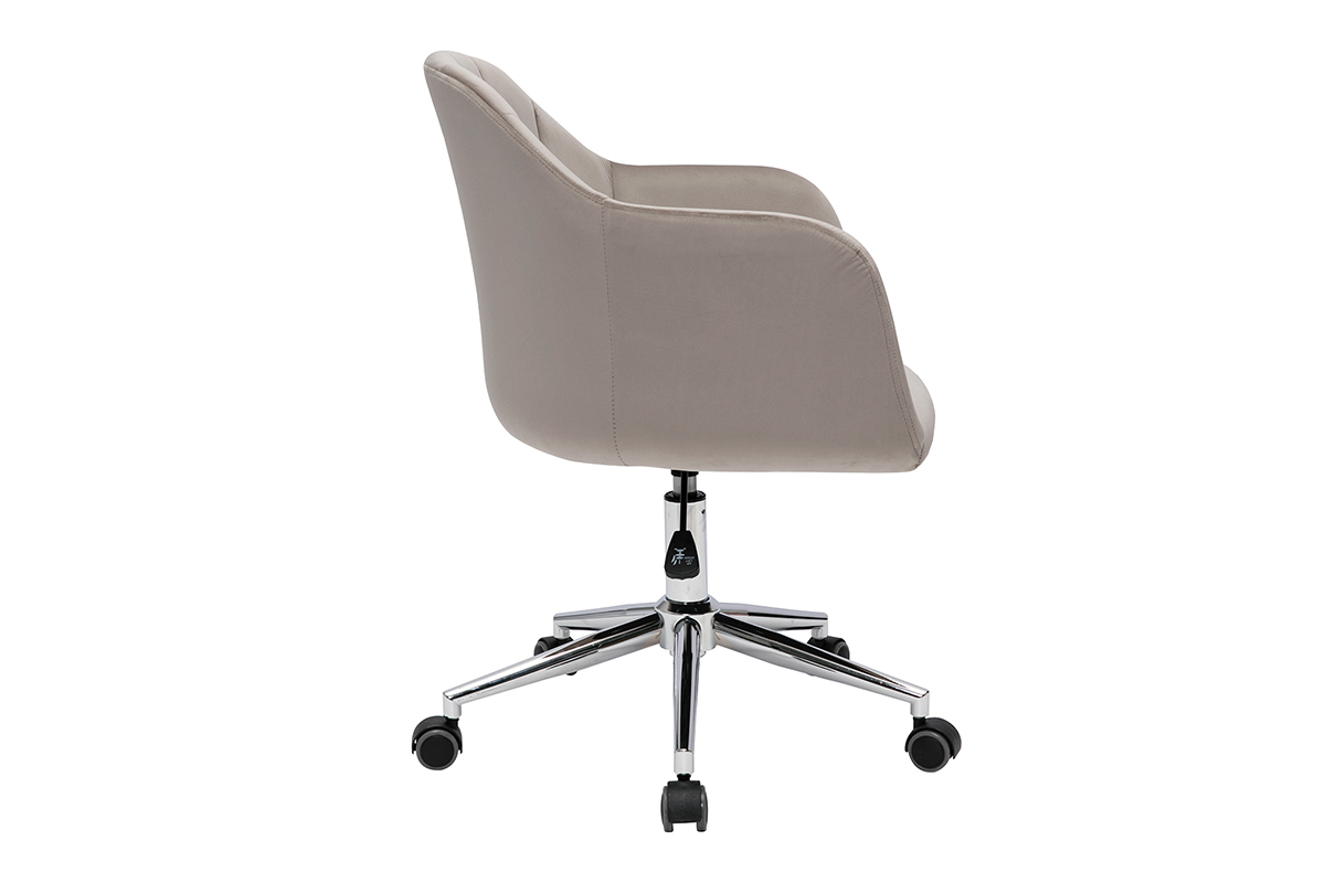 Chaise de bureau � roulettes design en tissu velours taupe et acier chrom� MILLY