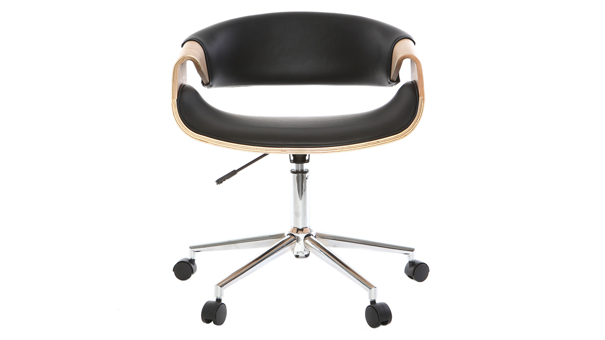 Chaise de bureau à roulettes design noir, bois clair et acier chromé ARAMIS
