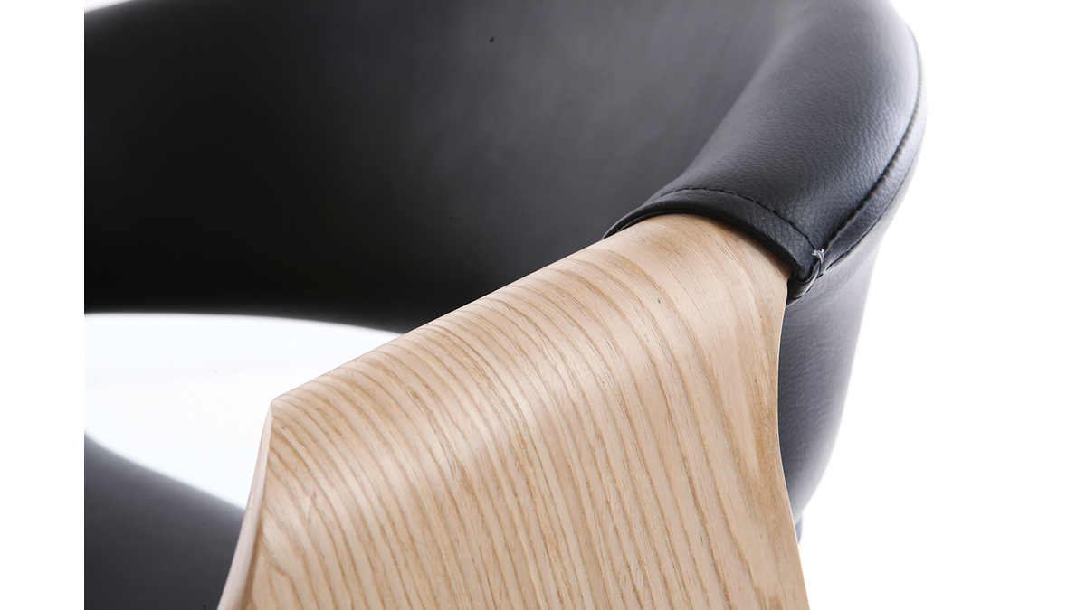 Chaise de bureau à roulettes design noir, bois clair et acier chromé ARAMIS