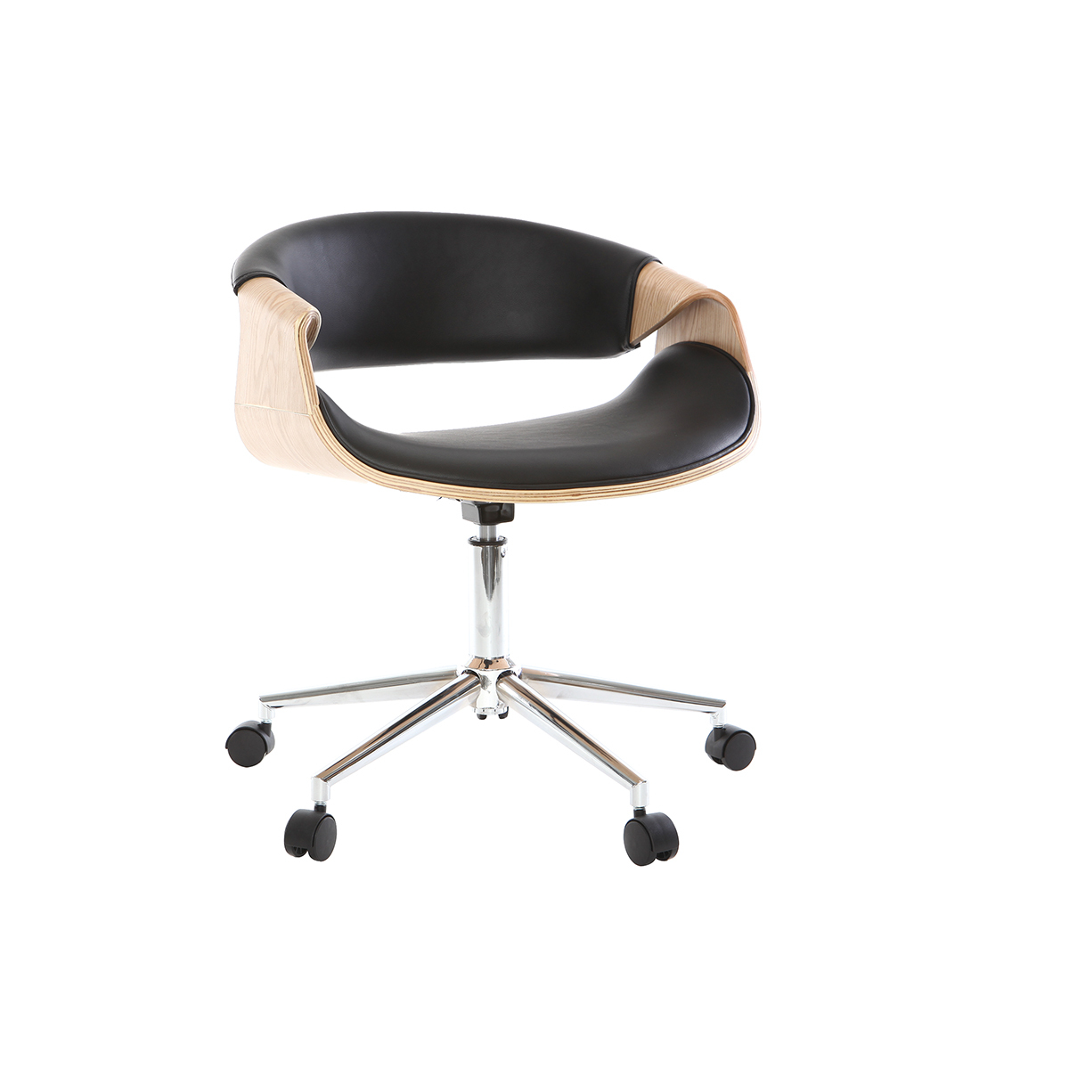Chaise de bureau à roulettes design noir, bois clair et acier chromé ARAMIS vue1