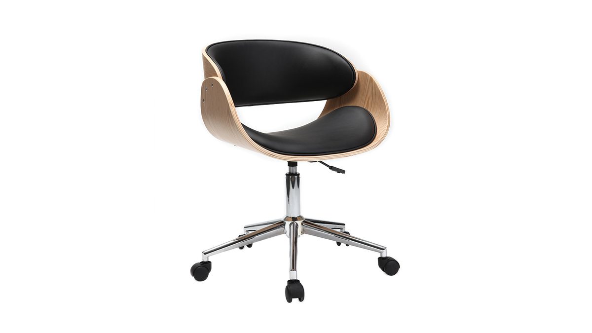 Chaise de bureau à roulettes design noir, bois clair et acier chromé BENT
