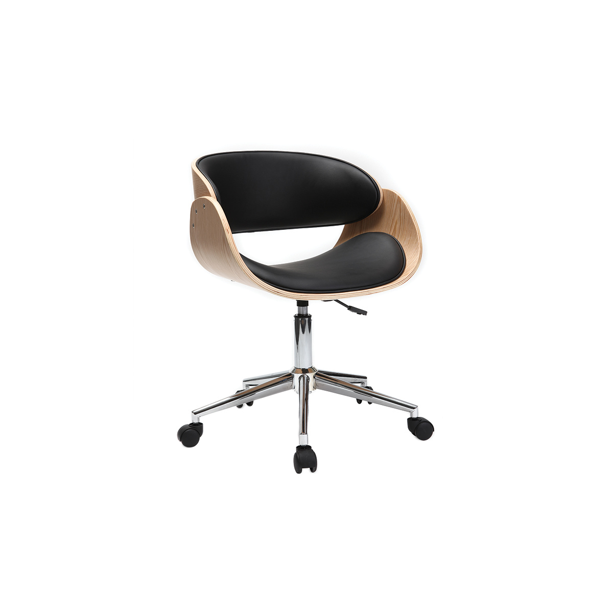 Chaise de bureau à roulettes design noir, bois clair et acier chromé BENT vue1