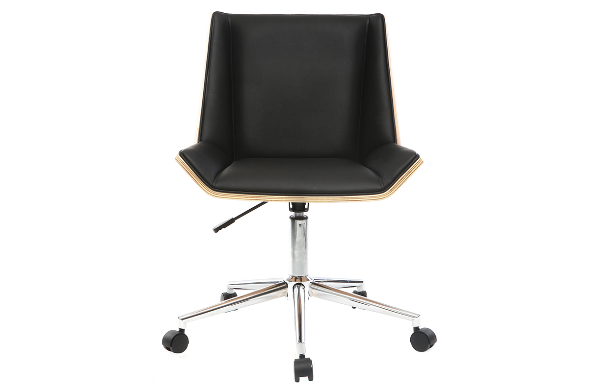 Chaise de bureau � roulettes design noir, bois clair et acier chrom� MELKIOR