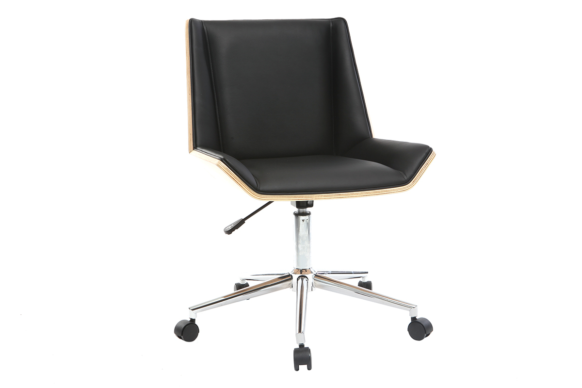 Chaise de bureau � roulettes design noir, bois clair et acier chrom� MELKIOR