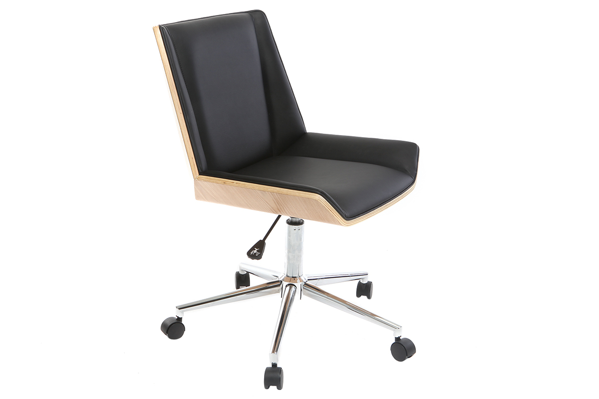 Chaise de bureau � roulettes design noir, bois clair et acier chrom� MELKIOR