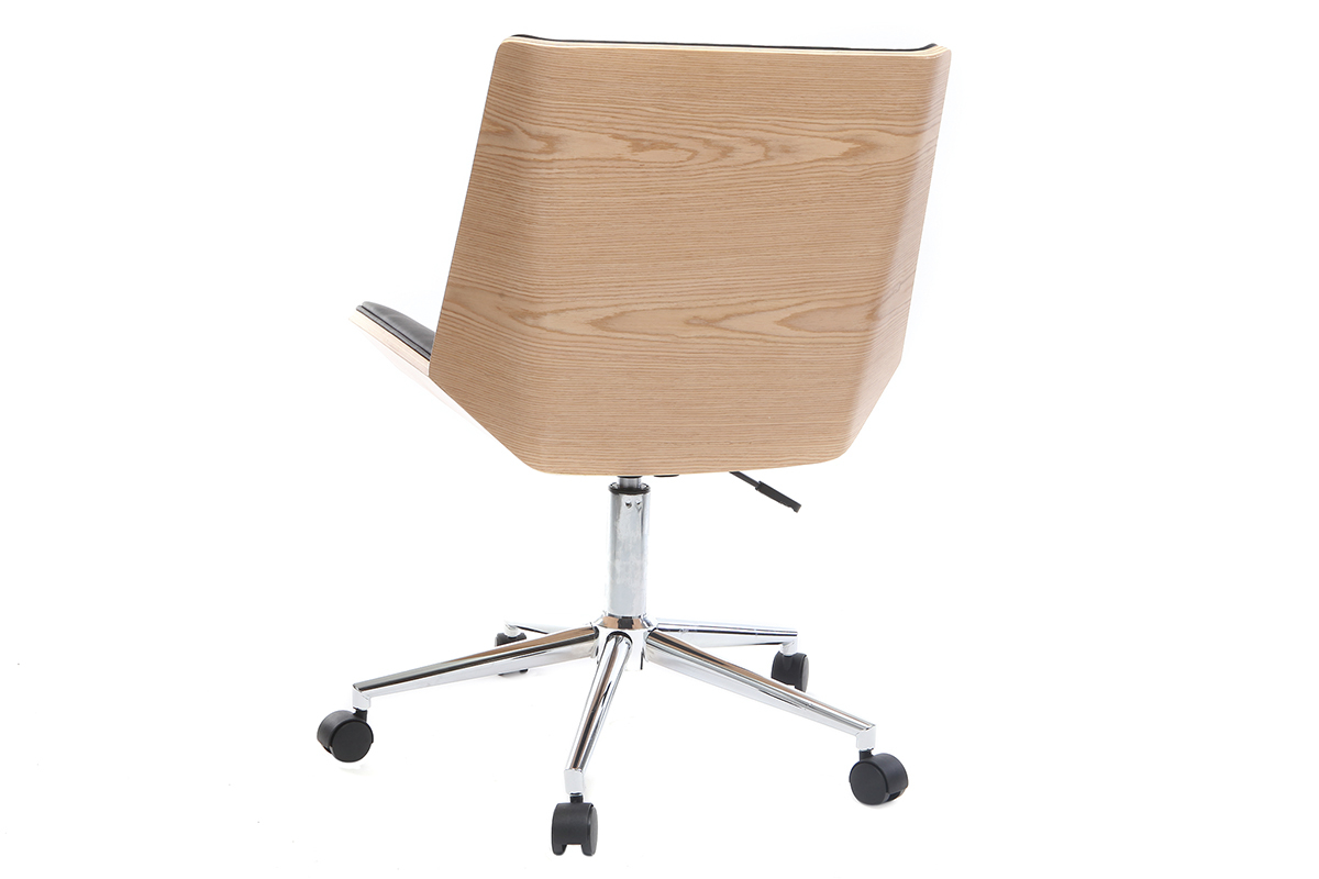 Chaise de bureau � roulettes design noir, bois clair et acier chrom� MELKIOR