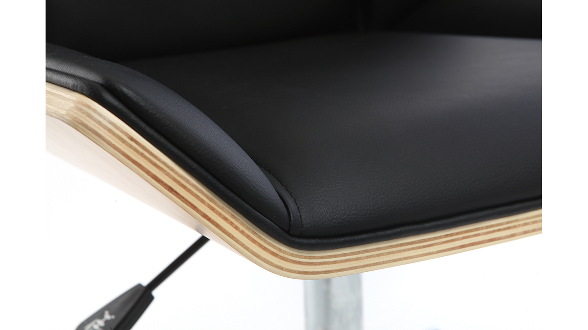 Chaise de bureau à roulettes design noir, bois clair et acier chromé MELKIOR