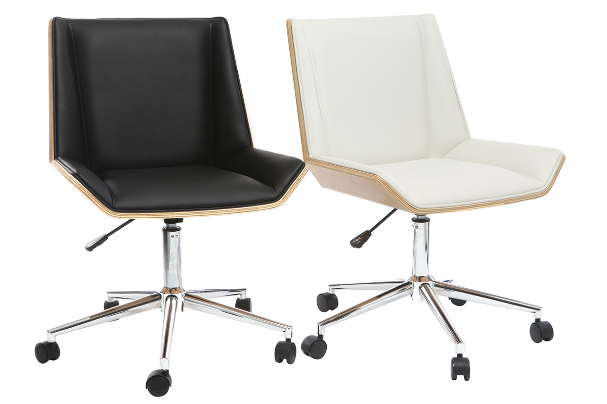 Chaise de bureau � roulettes design noir, bois clair et acier chrom� MELKIOR
