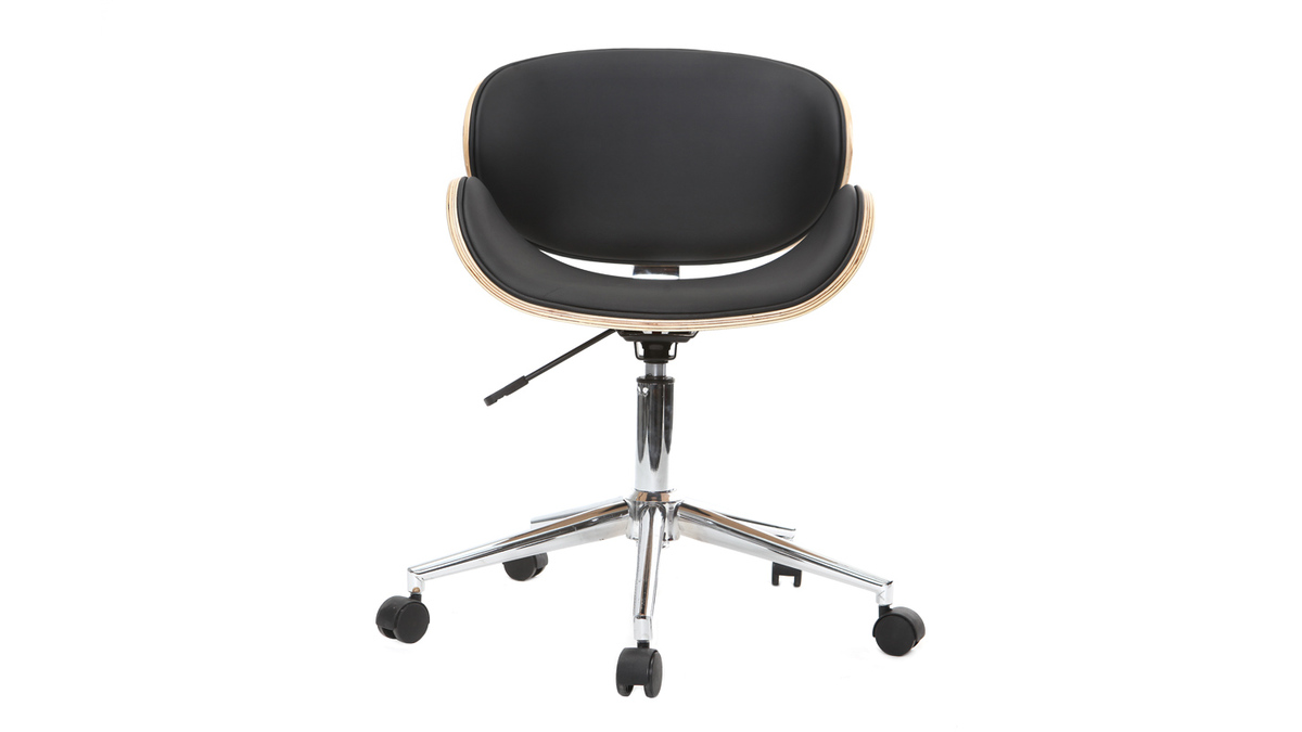 Chaise de bureau à roulettes design noir, bois clair et acier chromé WALNUT