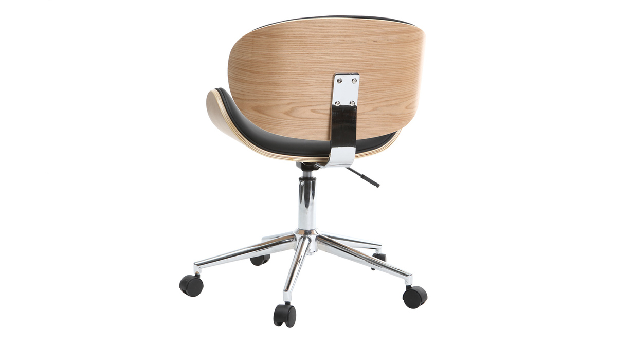 Chaise de bureau à roulettes design noir, bois clair et acier chromé WALNUT