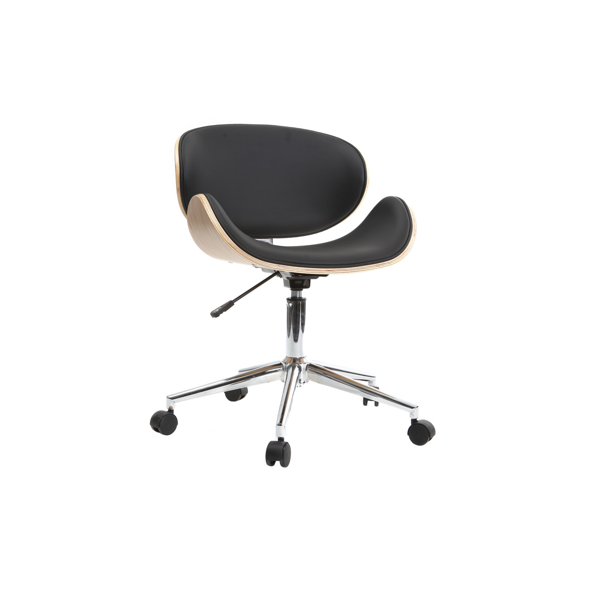 Chaise de bureau à roulettes design noir, bois clair et acier chromé WALNUT vue1