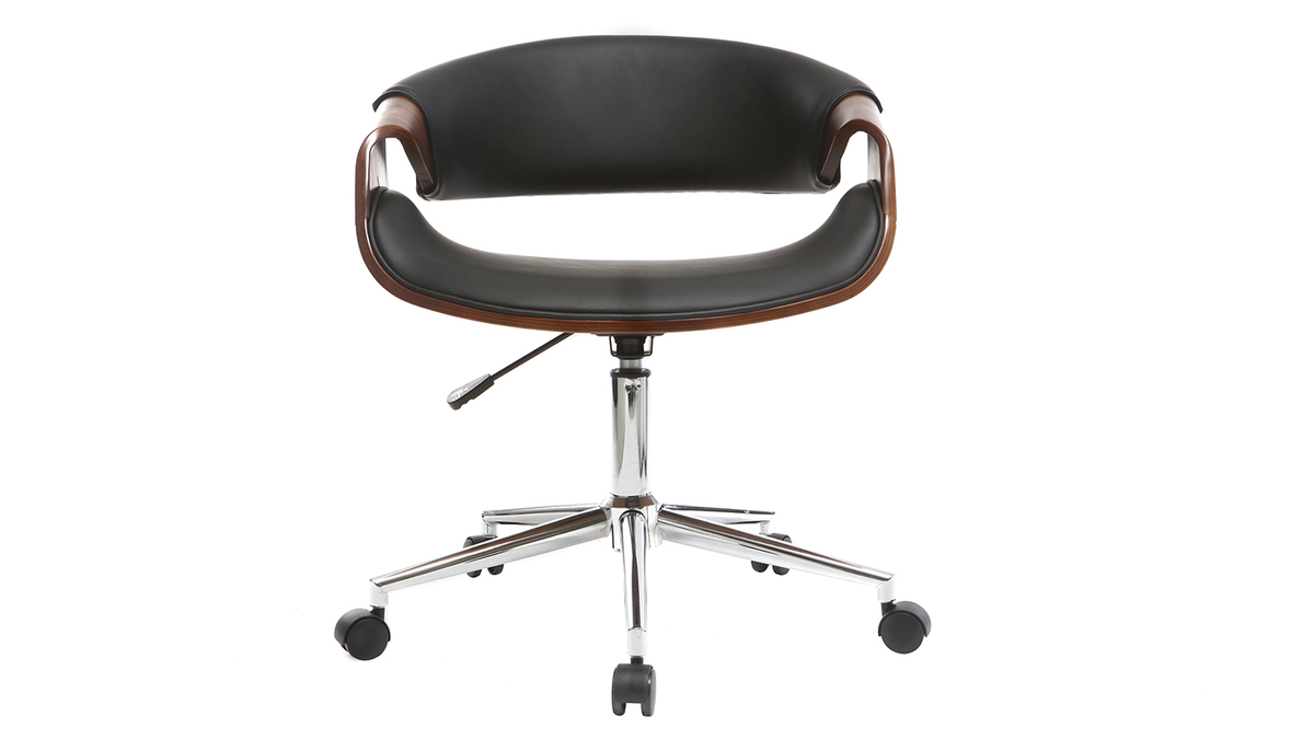 Chaise de bureau à roulettes design noir, bois foncé noyer et acier chromé ARAMIS