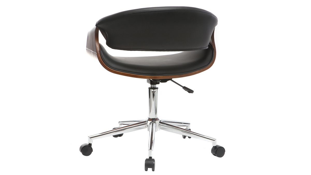 Chaise de bureau à roulettes design noir, bois foncé noyer et acier chromé ARAMIS
