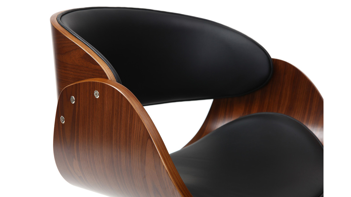 Chaise de bureau à roulettes design noir, bois foncé noyer et acier chromé  BENT