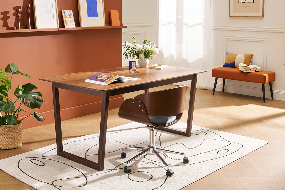 Chaise de bureau  roulettes design noir, bois fonc noyer et acier chrom  BENT