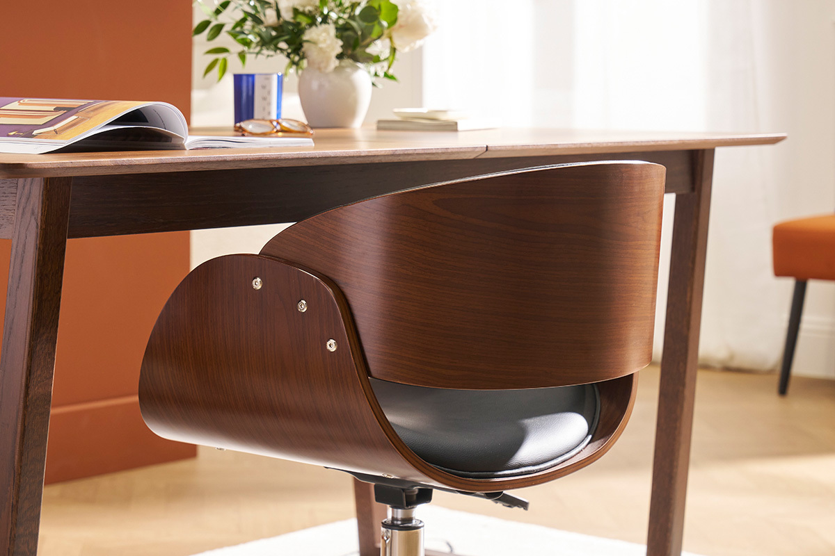 Chaise de bureau  roulettes design noir, bois fonc noyer et acier chrom  BENT