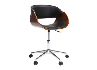 Chaise de bureau à roulettes design noir, bois foncé noyer et acier chromé  BENT