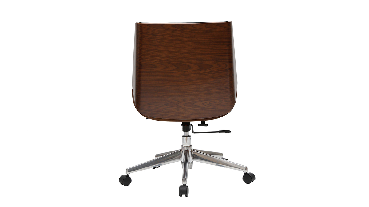 Chaise de bureau à roulettes design noir, bois foncé noyer et acier chromé CURVED