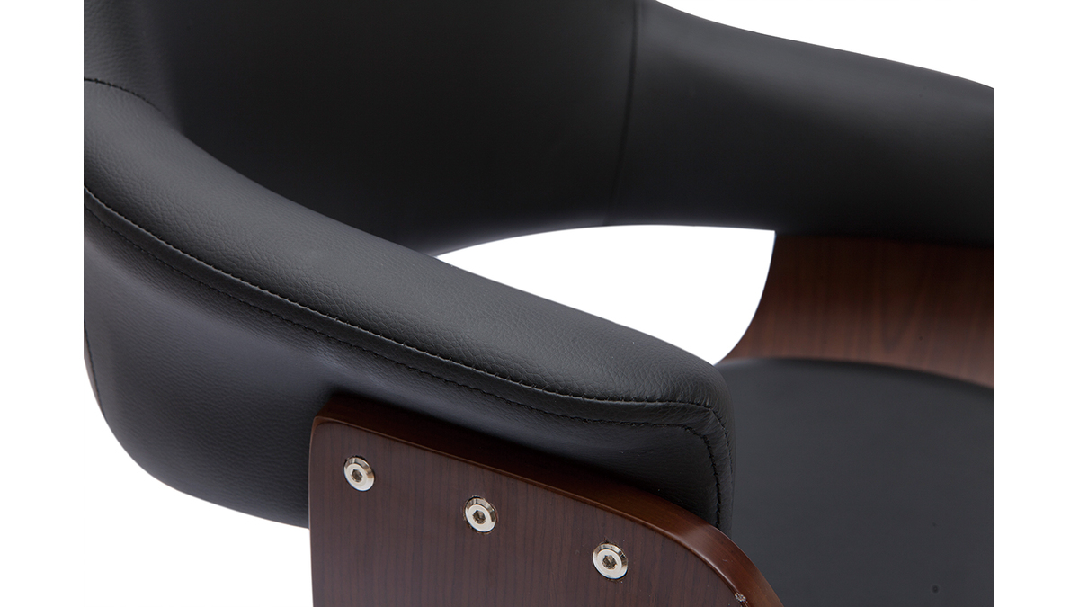 Chaise de bureau à roulettes design noir, bois foncé noyer et acier chromé HANSEN