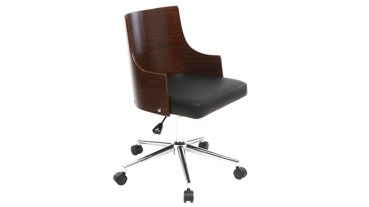 Chaise de bureau à roulettes design noir, bois foncé noyer et acier chromé MAYOL