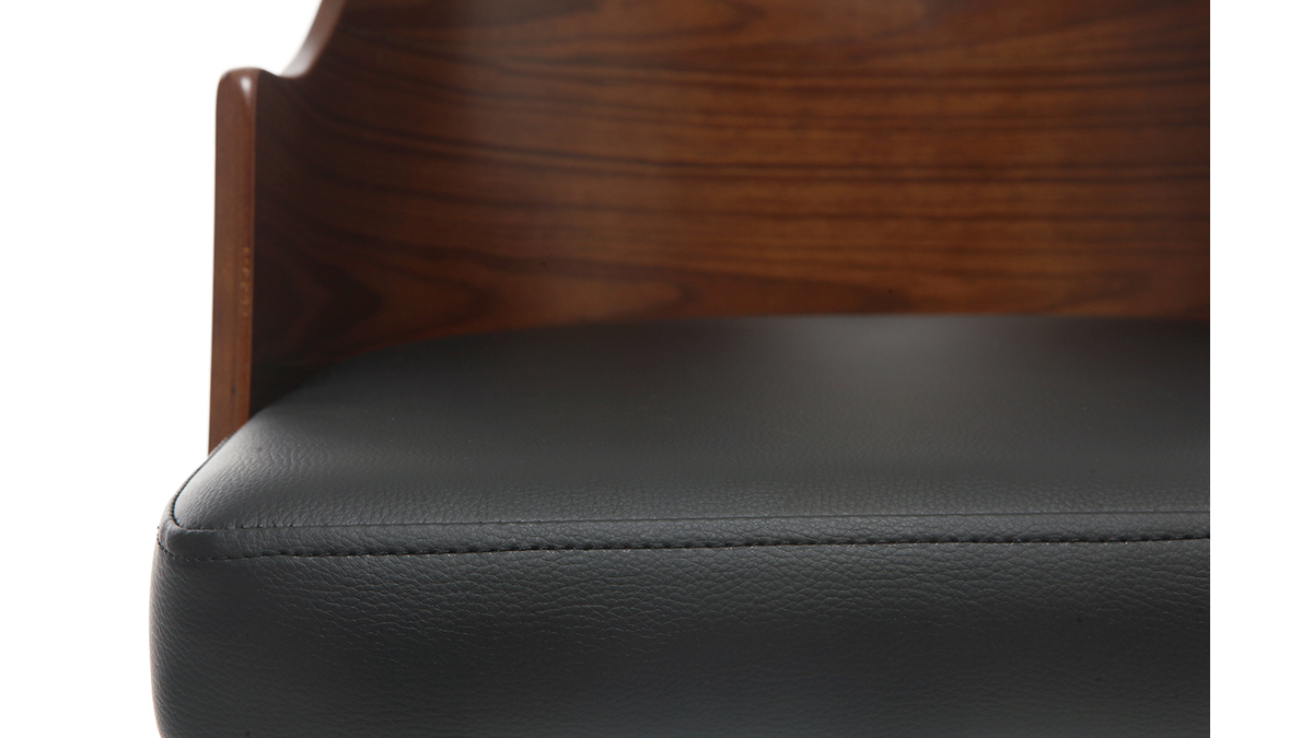 Chaise de bureau à roulettes design noir, bois foncé noyer et acier chromé MAYOL