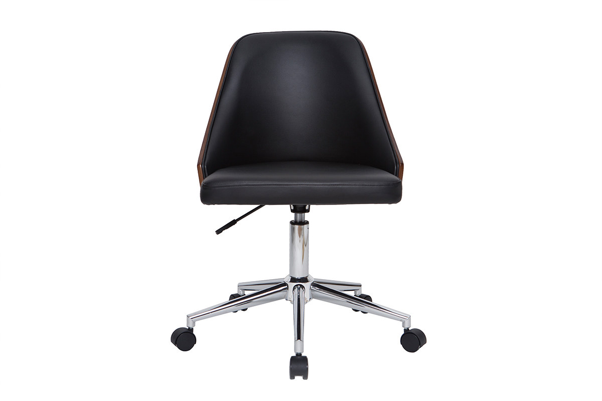 Chaise de bureau � roulettes design noir, bois fonc� noyer et acier chrom� QUINO