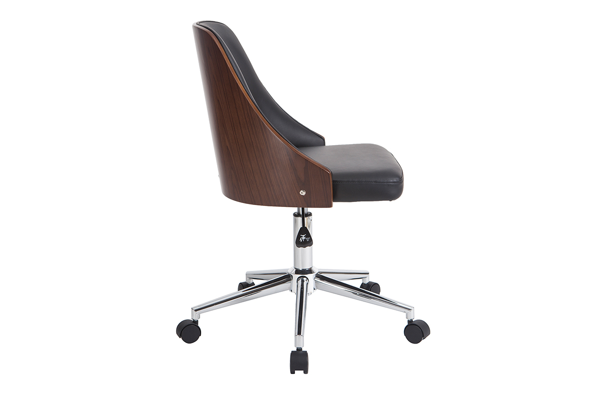 Chaise de bureau � roulettes design noir, bois fonc� noyer et acier chrom� QUINO